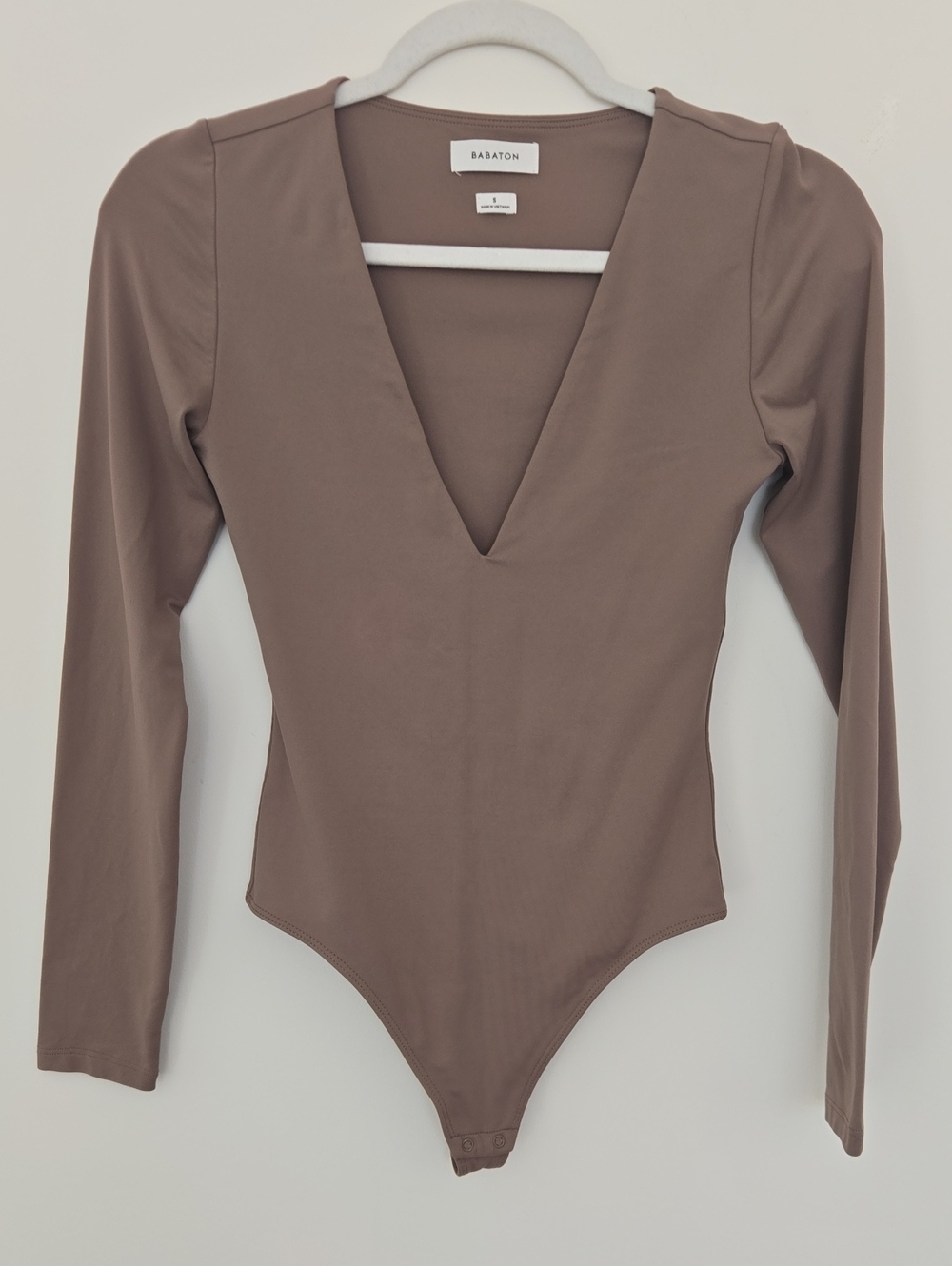 Babaton Long Sleeve Deep V Contour Bodysuit - Taupe Brown Quiet Luxury